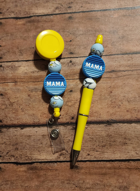 Mama Blue & Yellow Daisies Silicone Bead Pen & Badge Reel Set | Bright Yellow Daisy Mama Silicone Beaded Pen & Badge Reel Matching Set