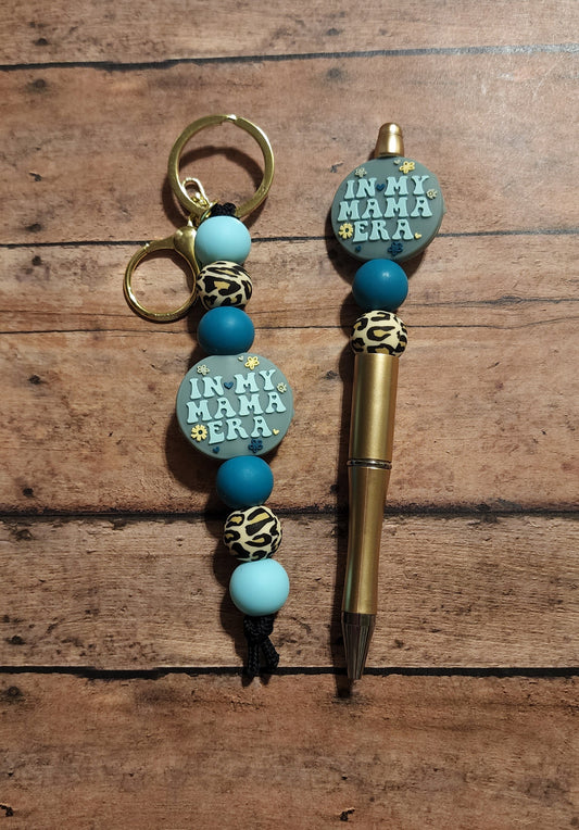 In My Mama Era Leopard Silicone Bead Pen and Keychain Set | Gold Turquoise Mint Silicone Beaded Mama Pen and Keychain Matching Set