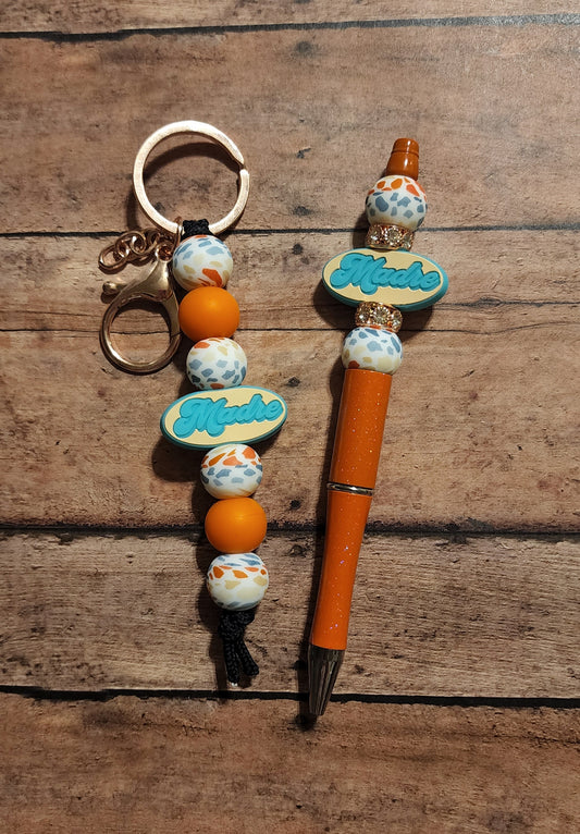 Boho Cow Print Madre Silicone Bead Pen and Keychain Set | Burnt Orange & Turquoise Mama Silicone Beaded Pen and Keychain Matching Set