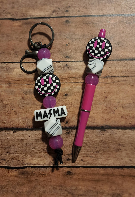 Checkered Smiley Bolt Mama Silicone Bead Pen and Keychain Set | Pink Glitter Mom Matching Silicone Beaded Pen and Keychain Set