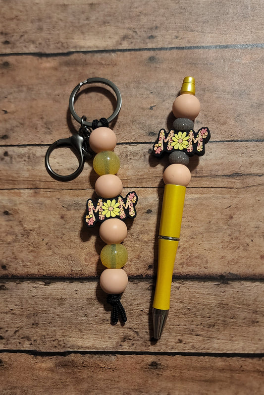 Mom Flower Silicone Bead Pen and Keychain Set | Yellow Glitter and Pink Mama Silicone Beaded Pen and Keychain Matching Set
