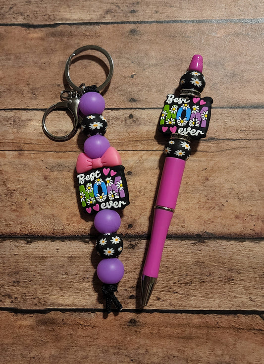 Best Mom Ever Silicone Bead Pen and Keychain Set | Glow-in-the-Dark Daisy Print Silicone Beaded Pen and Keychain Matching Mama Set