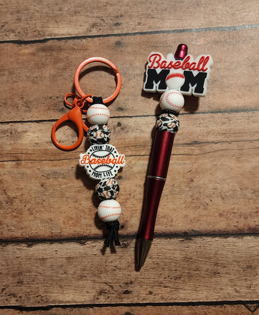 Livin' That Baseball Mom Life Silicone Bead Pen and Mini Keychain Set | Cow Print Baseball Mama Silicone Beaded Pen and Keychain Matching Set