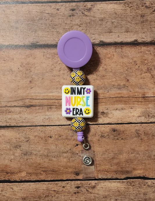 In My Nurse Era Silicone Bead Badge Reel | Checker Print Smiles Purple Beaded Badge Reel
