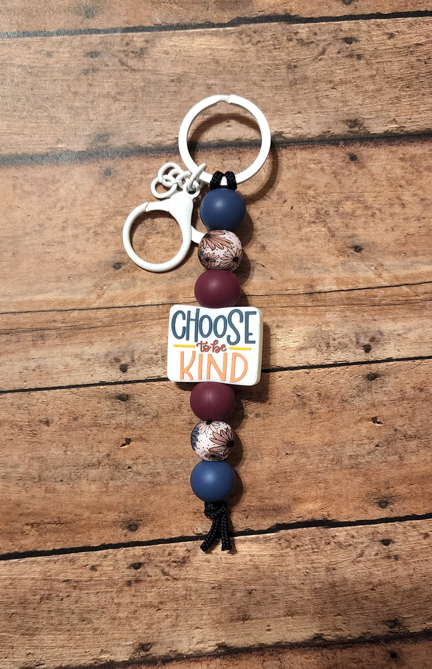 Choose To Be Kind Silicone Bead Keychain | Navy & Maroon Floral Print Silicone Beaded Keychain