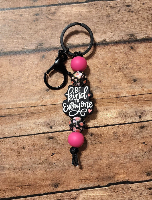 Be Kind To Everyone Silicone Bead Mini Keychain | Pink & Black Floral Print Silicone Beaded Keychain