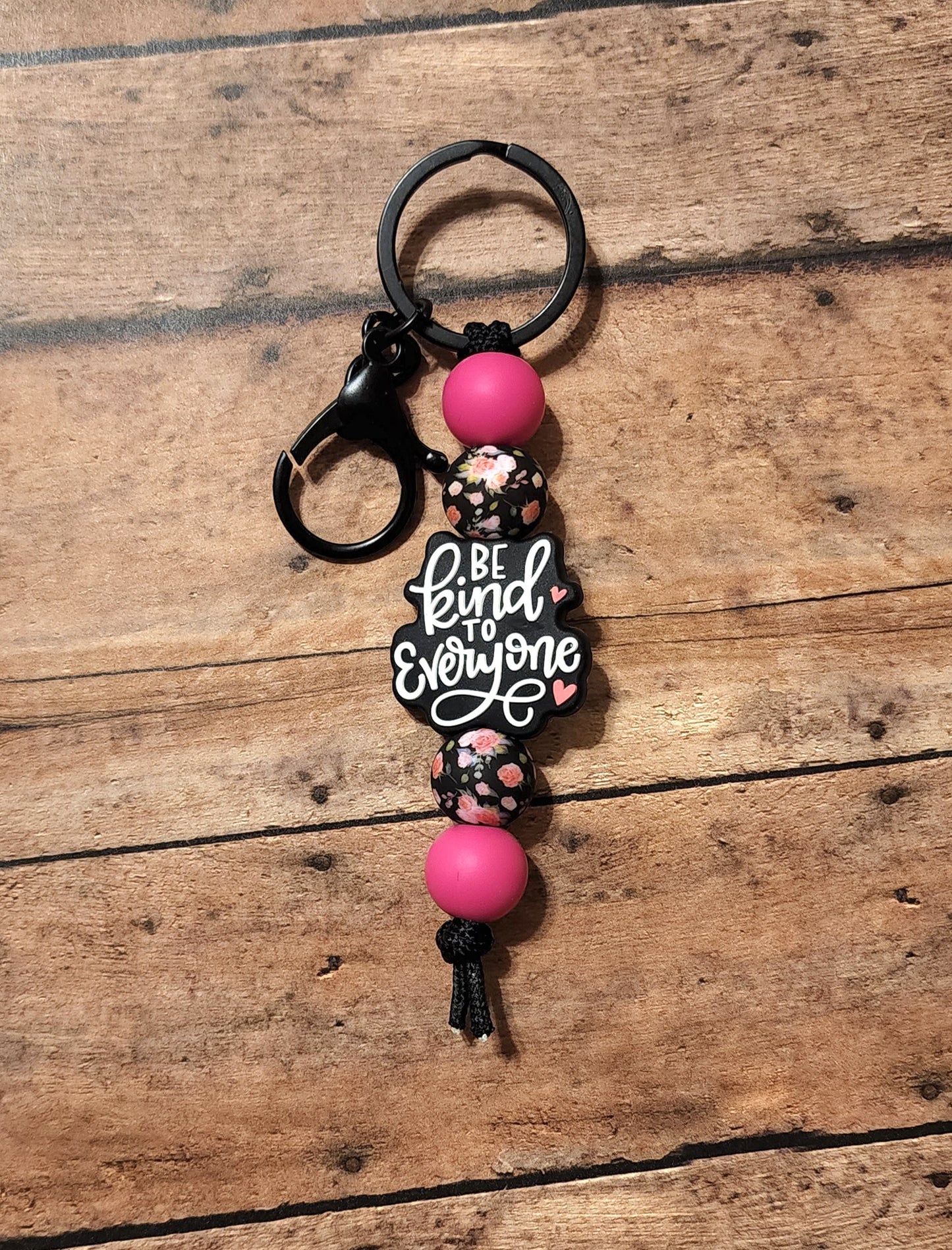 Be Kind To Everyone Silicone Bead Mini Keychain | Pink & Black Floral Print Silicone Beaded Keychain