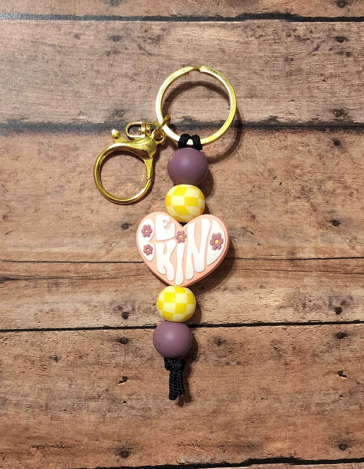 Be Kind Silicone Bead Mini Keychain | Flower Heart Pink Yellow Checker Print Silicone Beaded Keychain