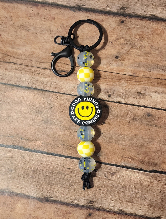 Good Things Are Coming Smiley Silicone Bead Keychain | Black & Yellow Confetti & Checker Print Silicone Beaded Keychain