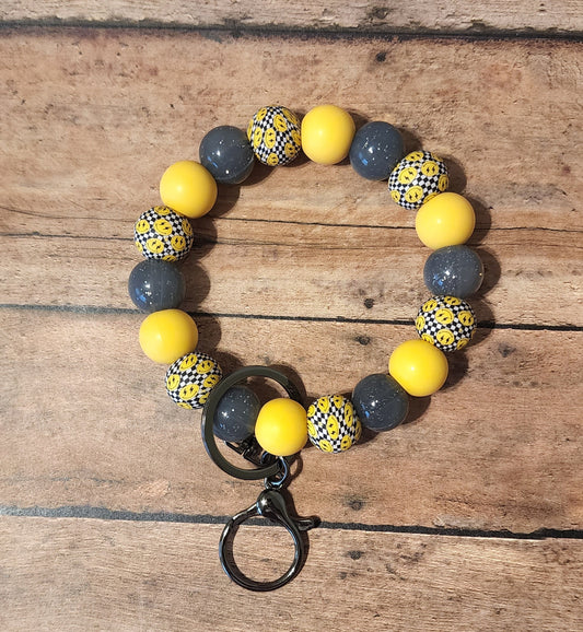Checker Smiles Silicone Bead Wristlet | Yellow & Black Glitter Silicone Beaded Wristlet Keychain