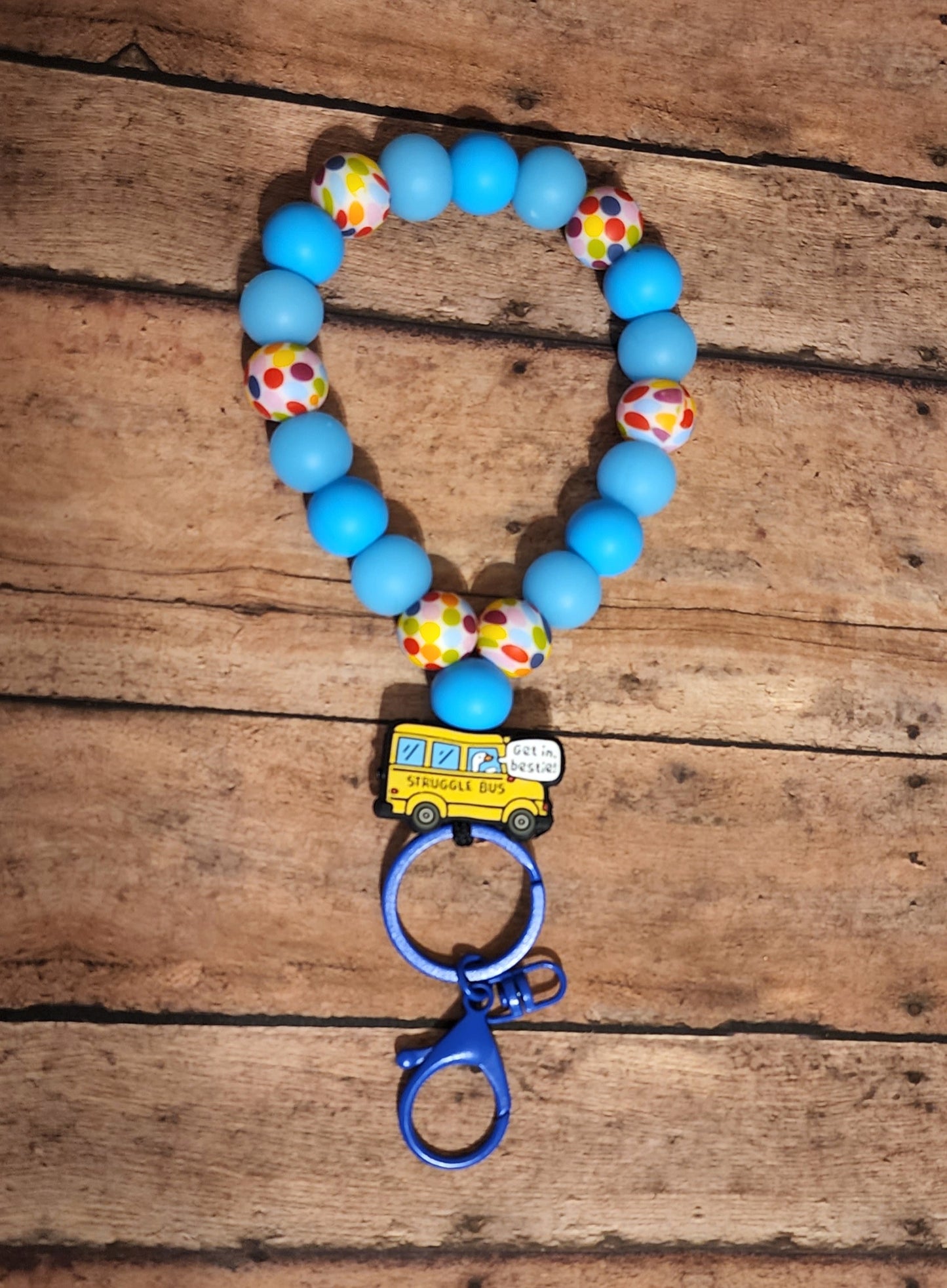 Struggle Bus "Get In Bestie!" Silicone Bead Teardrop Wristlet | Polka Dot Glow-in-the-Dark Silicone Beaded Wristlet Keychain