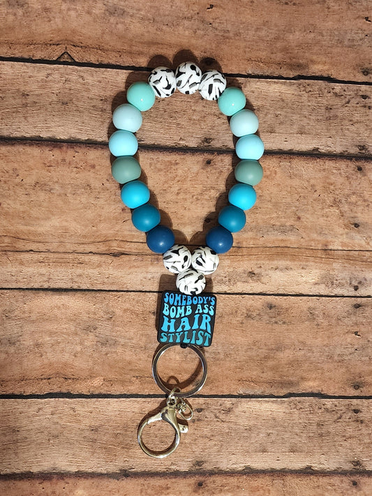 Somebody's Bomb Ass Hair Stylist Silicone Bead Teardrop Wristlet | Mint Turquoise Teal Silicone Beaded Wristlet Keychain