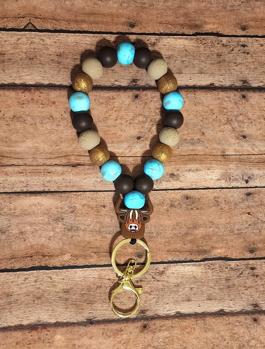 Lenny the Longhorn Silicone Bead Teardrop Wristlet | Turquoise Stone Print Western Silicone Beaded Wristlet Keychain