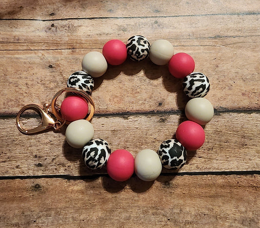 Hot Pink Leopard | Silicone Beaded Bubble Wristlet Keychain
