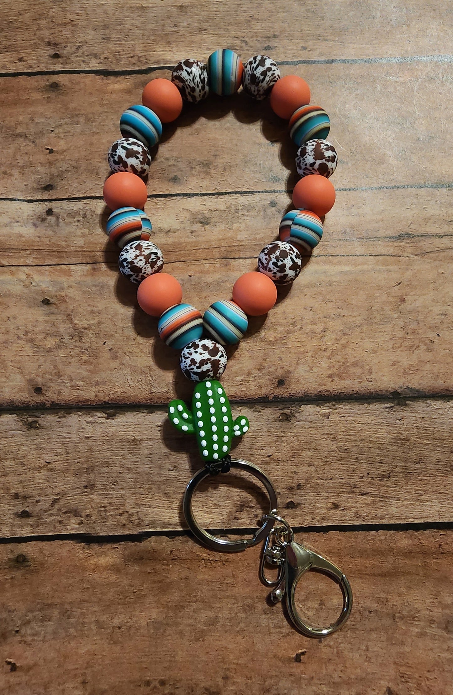 Western Cactus | Silicone Beaded Teardrop Wristlet Keychain