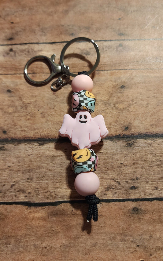 Pink Ghostie Checker | Silicone Beaded Mini Keychain